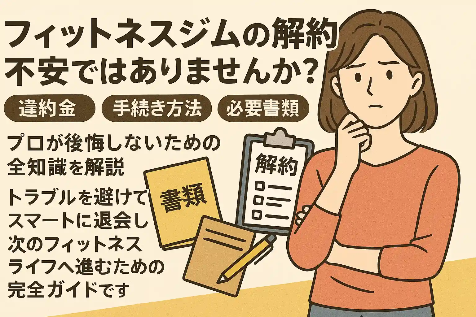 フィットネスジムの解約、不安ではありませんか？違約金発生の有無、手続き方法、必要書類まで、プロが後悔しないための全知識を解説。トラブルを避けてスマートに退会し、次のフィットネスライフへ進むための完全ガイド